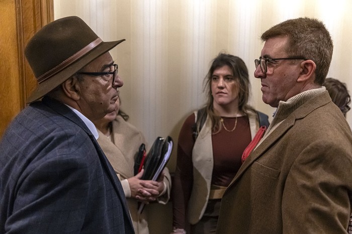 Alfredo Fratti y Eduardo Viera, el 2 de junio, en la Comisión de Ganadería del Senado. · Foto: Ernesto Ryan