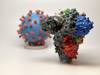 Modelo 3D en el que al frente vemos modelo de una espiga de proteínas del SARS-CoV-2 y al fondo el modelo del virus en el que en rojo se ven las espigas. Foto: NIH Modelo 3D en el que al frente vemos modelo de una espiga de proteínas del SARS-CoV-2 y al fondo el modelo del virus en el que en rojo se ven las espigas. Foto: NIH