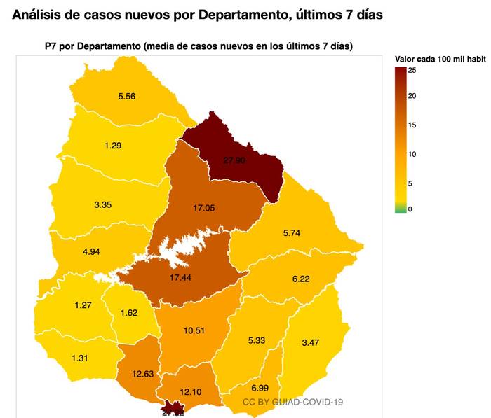 Mapa del país el 29 de diciembre. Elaborado por el Grupo Uruguayo Interdisciplinario de Análisis de Datos de COVID-19