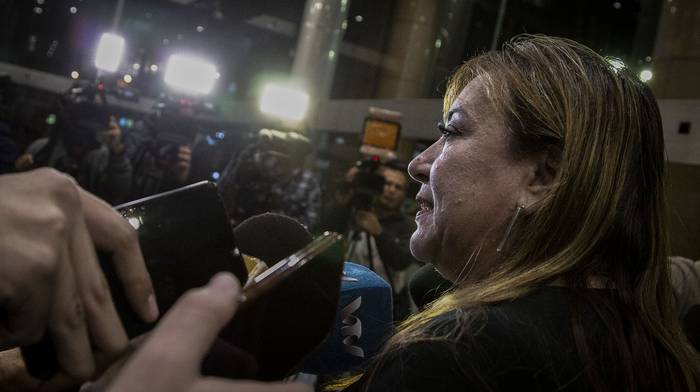 Irene Moreira en rueda de prensa luego de la reunión con Luis Lacalle Pou, en la Torre Ejecutiva (03.05.2023). · Foto: Camilo dos Santos