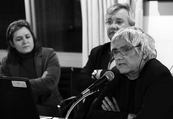 Graciela Muslera, Enrique Pintado y el arquitecto Rafael Viñoly, en la presentación del proyecto para Laguna Garzón. · Foto: Secretaría de Comunicación, s/d de autor