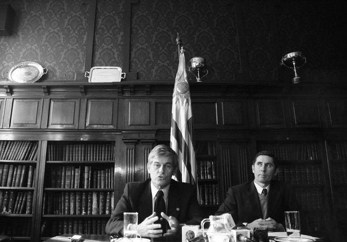 Los presidentes de la Asociación Rural del Uruguay (ARU), José Bonica, y de la Federación Rural del Uruguay (FRU), Miguel Sanguinetti, en la sede de la ARU. · Foto: Sandro Pereyra