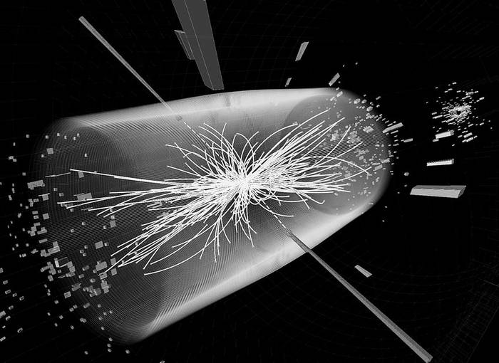 Imagen generada por ordenador y distribuida por el Centro Europeo de Investigaciones Nucleares (CERN), que muestra
una colisión entre protones en el experimento en busca del “bosón de Higgs”. · Foto: Efe, Cern