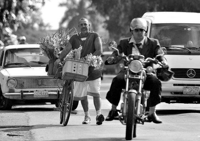 Un hombre vende flores en una bicicleta en La Habana, ayer, día en el que comenzó, en cinco ministerios cubanos, el proceso de reordenamiento laboral que supondrá la supresión de unos 500.000 empleos estatales a lo largo del año.  · Foto: Efe, Alejandro Ernesto