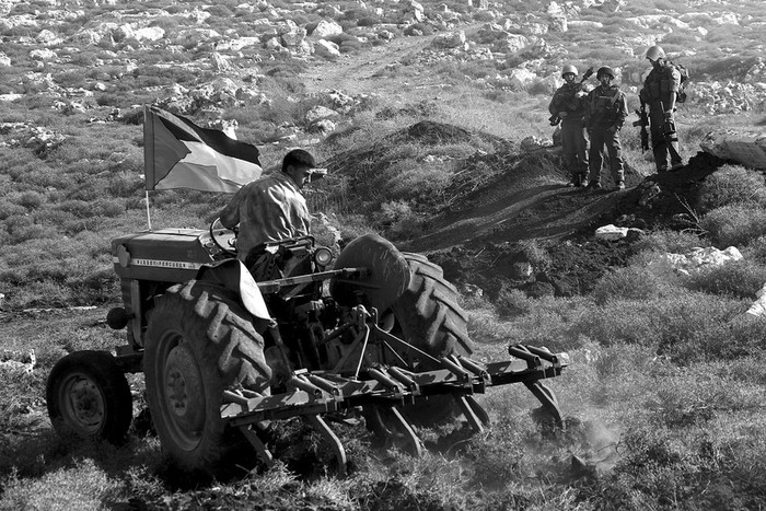 Soldados israelíes vigilan las labores de un tractor que prepara el terreno para plantar olivos, durante un acto de protesta contra la tala de árboles llevada a cabo por colonos israelíes del asentamiento de Shelo,
cerca de Naplusa, en Cisjordania.  · Foto: Efe, Alaa Badarneh