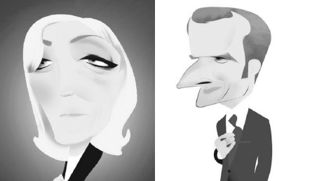 Marine Le Pen y Emmanuel Macron. / caricatura: Luis Grañerna