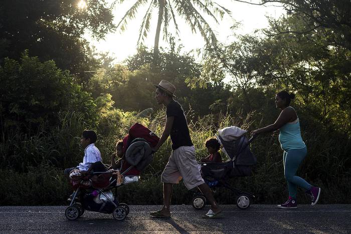 Migrantes hondureños que se dirigen en caravana a Estados Unidos marchan por una carretera
de México, el 1o de noviembre.
 · Foto: Guillermo Arias, AFP