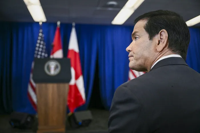 Marco Rubio durante una conferencia de prensa de Donald Trump, el 22 de setiembre, en el marco de la  81ª Asamblea General de las Naciones Unidas, en Nueva York. · Foto: Brendan Smialowski, AFP