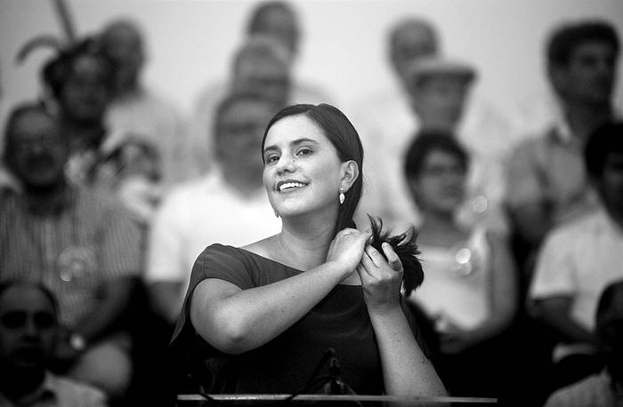 Verónika Mendoza, candidata presidencial de Perú por el partido Frente Amplio, en una rueda de prensa
para presentar a su equipo de gobierno, el 28 de marzo en Lima. Foto: Ernesto Benavides, Afp