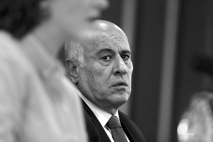 Jibril Rajoub, de la Asociación de Fútbol Palestino, durante una conferencia de prensa, ayer, en la ciudad cisjordana de Ramala. Foto: Abbas Momani, AFP