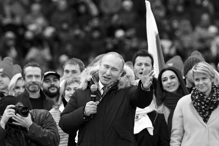 Vladimir Putin durante una manifestación para apoyar su candidatura en las próximas elecciones presidenciales, el 3 de marzo, en el estadio Luzhniki, en Moscú. Foto: Kirill Kudryavtsev, AFP