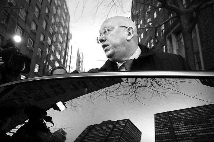 Vassily Nebenzia, embajador ruso en la Organización de las Naciones Unidas (ONU), en rueda de prensa después de una reunión en la sede de la ONU, ayer, en Nueva York. Foto: Spencer Platt, AFP