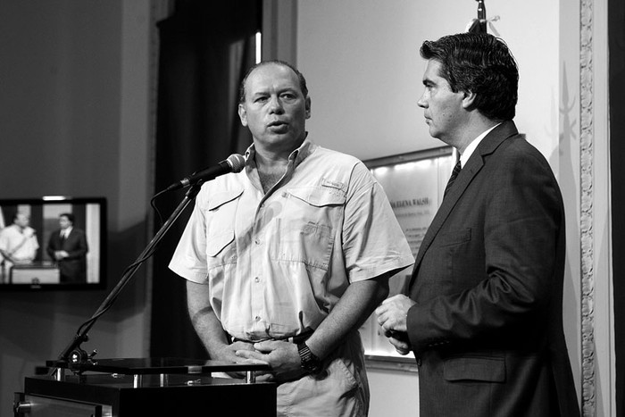 Sergio Berni, secretario de Seguridad, y Jorge Capitanich, Jefe de Gabinete del gobierno argentino, durante una conferencia de prensa conjunta en la Casa Rosada, Buenos Aires (Argentina). / Foto: Ricardo Ceppi, presidencia Argentina (archivo, enero de 2014)