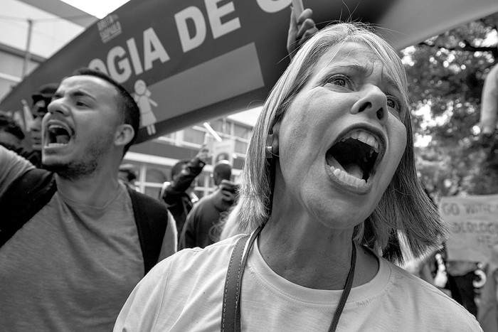 Protesta contra la visita de la filósofa estadounidense Judith Butler a Brasil, ayer, en San Pablo. Foto: Nelson Almeida, AFP