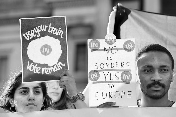 Partidarios de la Unión Europea durante una concentración, ayer, en la plaza Trafalgar de Londres. Foto: Niklas Halle’n, Afp