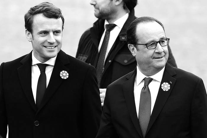El presidente electo francés, Emmanuel Macron, y el presidente saliente, François Hollande, asisten, ayer, a una ceremonia por el 72º aniversario de la victoria sobre la Alemania nazi. Foto: Bertrand Guay, AFP
