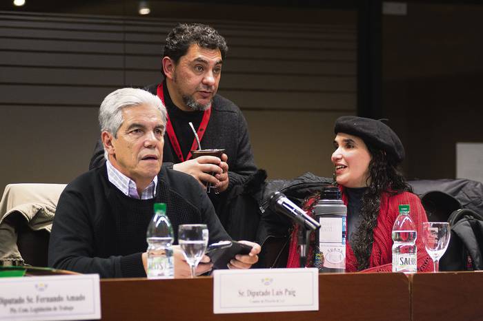 Luis Puig, Ricardo Javier Álvarez y Fernanda Aguirre, en el debate de la ley de trabajo tercerizado. · Foto: Andrés Cuenca