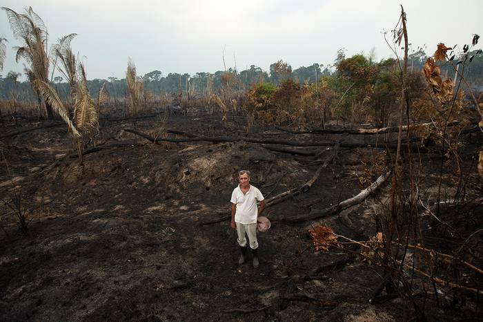 El ganadero Helio Lobardo, en medio de la destrucción dejada en su hacienda por uno de los incendios que han golpeado la Amazonía brasileña, en el estado de Rondonia, Brasil.

 · Foto: Joédson Alves, EFE