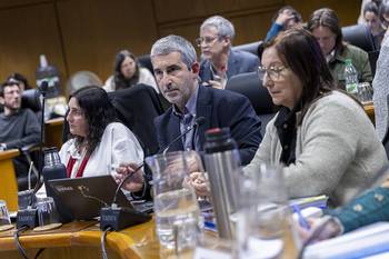 Carolina Pallas, Pablo Caggiani y Elbia Pereira, durante la presencia de las autoridades de la ANEP en la comisión parlamentaria. · Foto: Rodrigo Viera Amaral