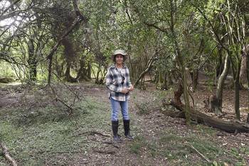 Camila Gianotti en cerrito de indios con monte nativo en Rocha. (archivo, abril de 2019) · Foto: Federico Gutiérrez