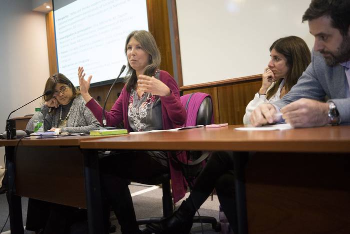 Mariana Pomies, Niki Johnson, Verónica Pérez y Rafael Porzecanski, el jueves, en la Facultad de Ciencias Sociales.
 · Foto: Mariana Greif