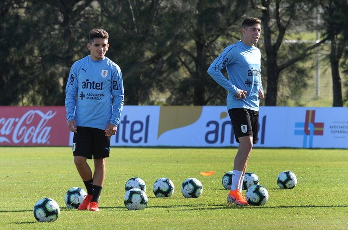 Lucas Torreira y Federico Valverde, durante un entrenamiento de la selección uruguaya, en el Complejo Uruguay.  · Foto: Federico Gutiérrez