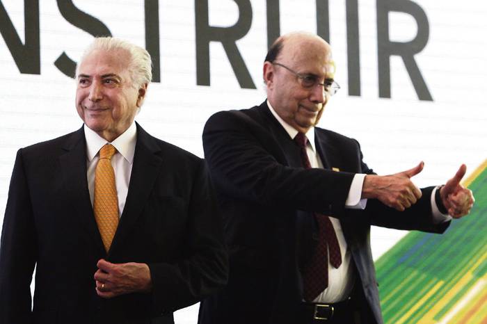 Michel Temer, presidente brasileño, Henrique Meirelles, ex ministro de Finanzas, durante el lanzamiento de la candidatura presidencial de Meirelles para las próximas elecciones, ayer, en Brasilia.
 · Foto: MBD