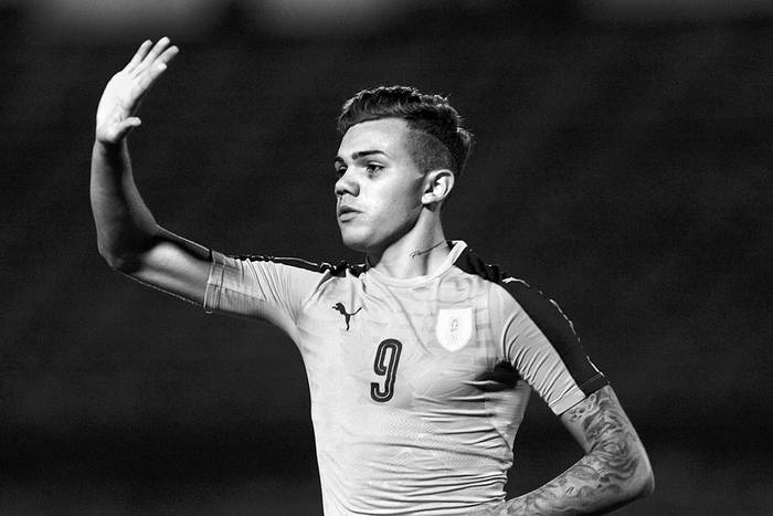 Nicolás Schiappacasse festeja un gol de Uruguay a Colombia, el domingo, en el estadio Atahualpa de Quito, Ecuador. Foto: Juan Ruiz, AFP