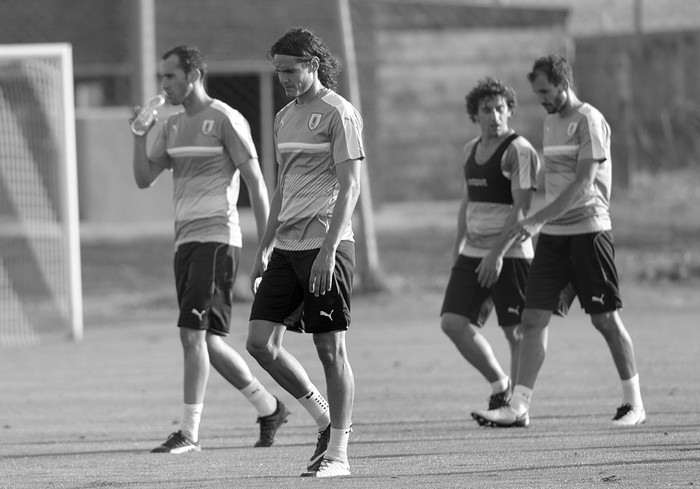 Diego Godín, Edinson Cavani, Mathías Corujo y Cristhian Stuani, ayer, en el Complejo Celeste. Foto: Andrés Cuenca