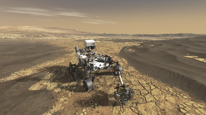 Concepto artístico de Perseverance colecatndo muestras en Marte. Imagen: JPL Caltech, NASA