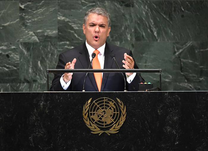 El presidente colombiano Iván Duque Márquez, durante la sesión de la Asamblea General en las Naciones Unidas, en Nueva York.
 · Foto: Timothy A. Clary / AFP