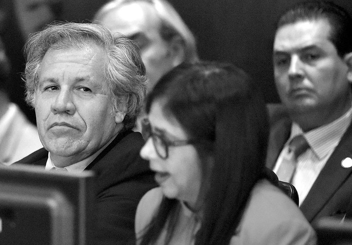 El secretario general de la Organización de Estados Americanos (OEA), Luis Almagro, y la ministra de Relaciones Exteriores de Venezuela, Delcy Rodríguez, ayer, durante una sesión de la OEA en Washington. Foto: Mandel Ngan, AFP