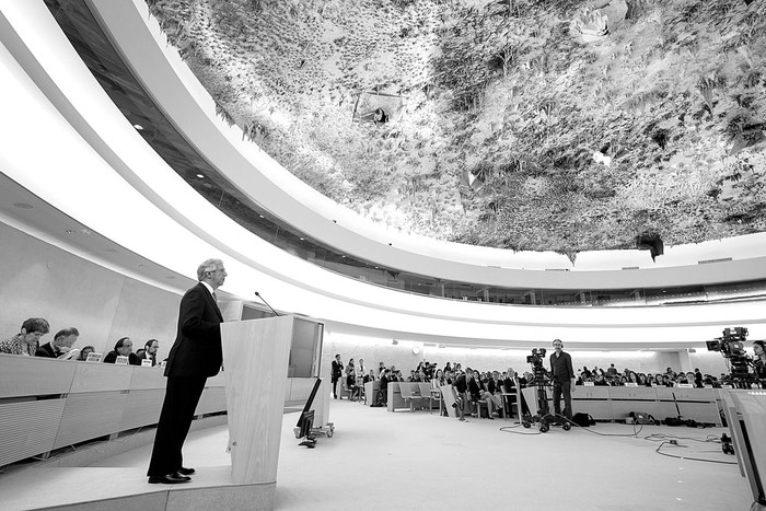 Tabaré Vázquez pronuncia un discurso durante una sesión del Consejo de Derechos Humanos de las Naciones Unidas, ayer, en Ginebra. Foto: Fabrice Coffrini, AFP