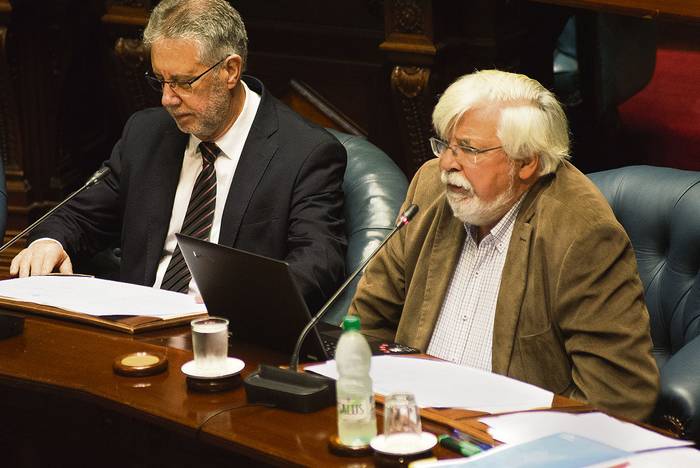 Eduardo Bonomi (der.) y Jorge Vázquez, ayer, durante la interpelación en el Senado. · Foto: Andrés Cuenca