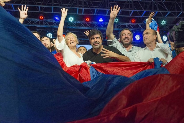 Carolina Cosse, Óscar Andrade, Mario Bergara y Daniel Martínez, durante el último acto en conjunto, en el Parque Rodó (archivo, febrero de 2019). · Foto:  Santiago Mazzarovich