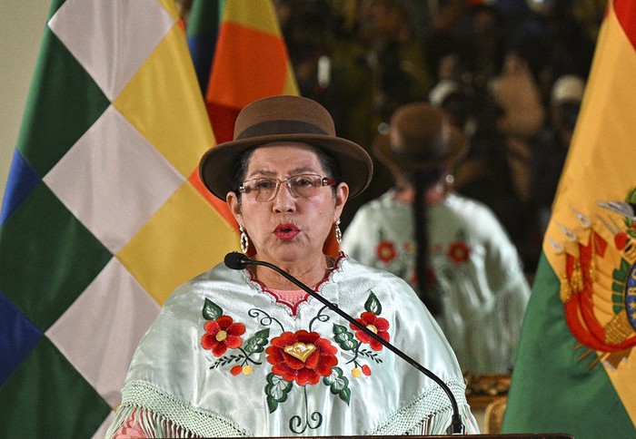 La canciller boliviana, Celinda Sosa Lunda, durante la conferencia de prensa donde informó que Bolivia se unió formalmente al Mercosur. · Foto: Aizar Raldes
