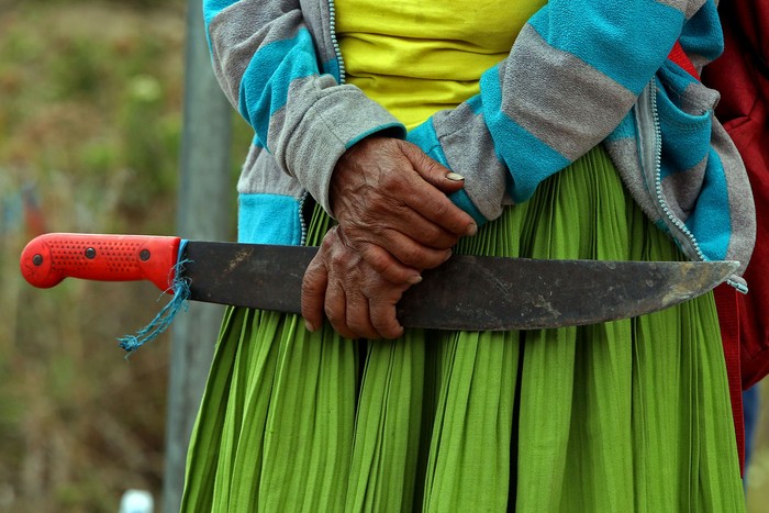 Una indígena durante un bloqueo vial contra las políticas económicas del presidente ecuatoriano Lenin Moreno, el sábado, en Pambamarquito, provincia de Pichincha, Ecuador.

 · Foto: Cristina Vega, AFP