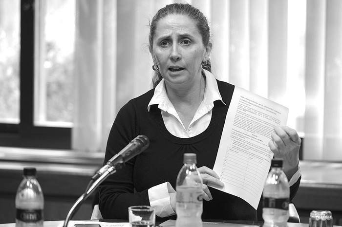 Carol Aviaga durante la conferencia de prensa, ayer, en el edificio anexo del Palacio Legislativo. Foto: Santiago Mazzarovich