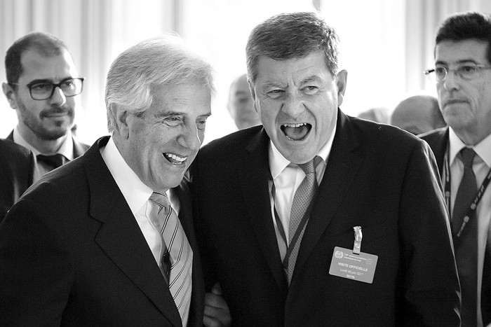 Tabaré Vázquez, presidente uruguayo, y Guy Ryder, director general de la Organización Internacional del Trabajo (OIT), ayer, en la oficina de las Naciones Unidas en Ginebra. Foto: Fabrice Coffrini, AFP