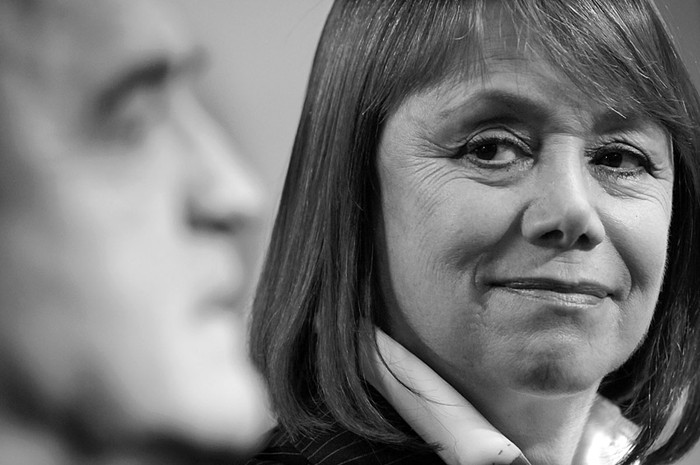 Jorge Larrañaga y Ana Lía Piñeyrúa, ayer, en la sede de Alianza Nacional.  · Foto: Nicolás Celaya