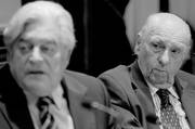 Luis Alberto Lacalle y Julio María Sanguinetti en la charla “Presente y futuro de la democracia en Uruguay”. Foto: Pablo Vignali
