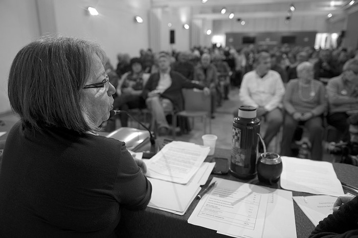 Mónica Xavier en el Plenario del Frente Amplio, el sábado, en La Huella de Seregni. Foto: Santiago Mazzarovich