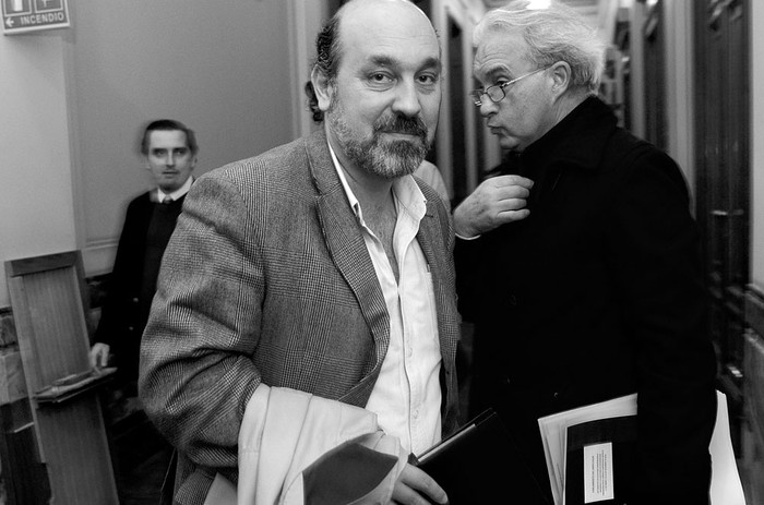Marcos Oteguy y Ruben Martínez Huelmo antes de ingresar a la Comisión Investigadora de Ancap, ayer, en el Palacio Legislativo. Foto: Pablo Vignali