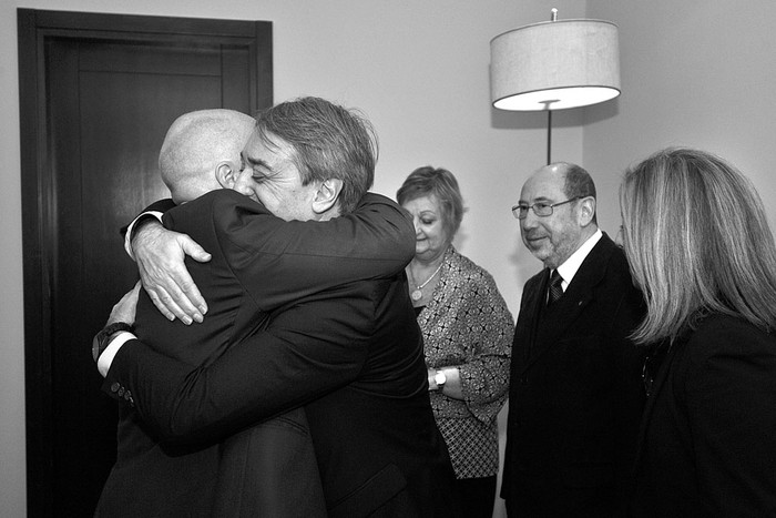 Carlos Mac Allister, secretario de Deportes de Argentina; Fernando Cáceres, secretario nacional del Deporte; Liliam Kechichian, ministra de Turismo, y Alfredo Etchandy, subsecretario de Deporte, ayer, antes de la reunión de delegaciones de Uruguay y Argentina por la organización del Mundial 2030. Foto: Federico Gutiérrez