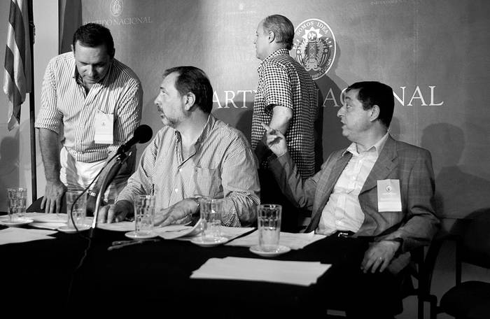 Álvaro Delgado, Jorge Gandini, Pablo Iturralde y Gustavo Borsari, ayer, en la Convención de Montevideo del Partido Nacional. Foto: Pablo Vignali