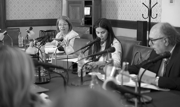 Mónica Xavier, Verónica Alonso y Marcos Carámbula, ayer, en la Comisión de Población y Desarrollo del Senado, donde se trató el proyecto de Ley de Violencia hacia las Mujeres Basada en Género. Foto: Andrés Cuenca