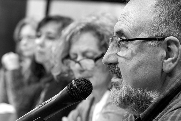 Los directores de la Institución Nacional de Derechos Humanos Mirtha Guianze, Ariela Peralta, Mariana González y Juan Faroppa, durante la VI Asamblea Nacional de Derechos Humanos, el viernes, en el edificio anexo del Palacio Legialativo. Foto: Iván Franco