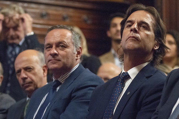 Luis Lacalle Pou, Álvaro Delgado y Javier García. (archivo, abril de 2022) · Foto: Alessandro Maradei