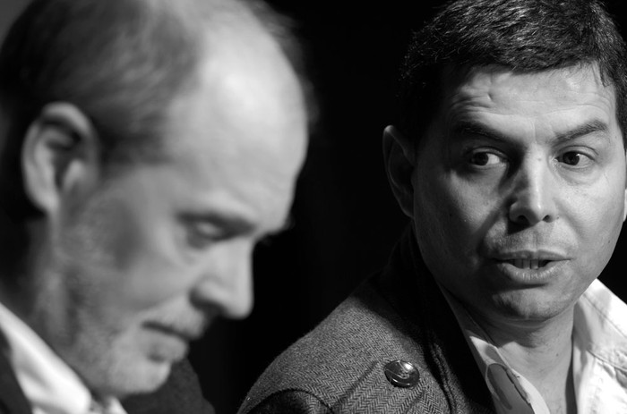 Fernando Casanova de OIT/Cinterfor, y Eduardo Pereira, de Inefop, ayer en el teatro La Aguja. Foto: Pablo Vignali 