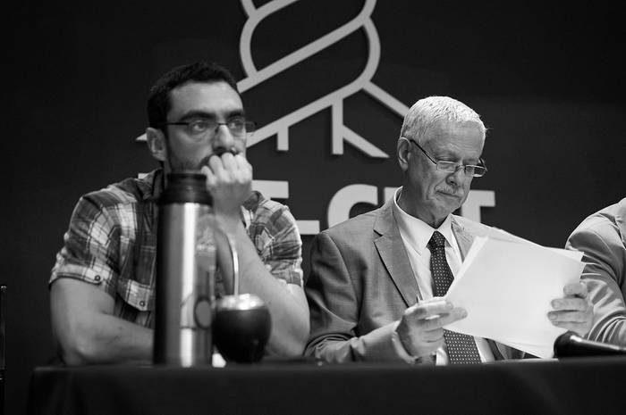 Gerardo Núñez y Jorge Basso, ayer en la sede del PIT-CNT. Foto: Juan Manuel Ramos